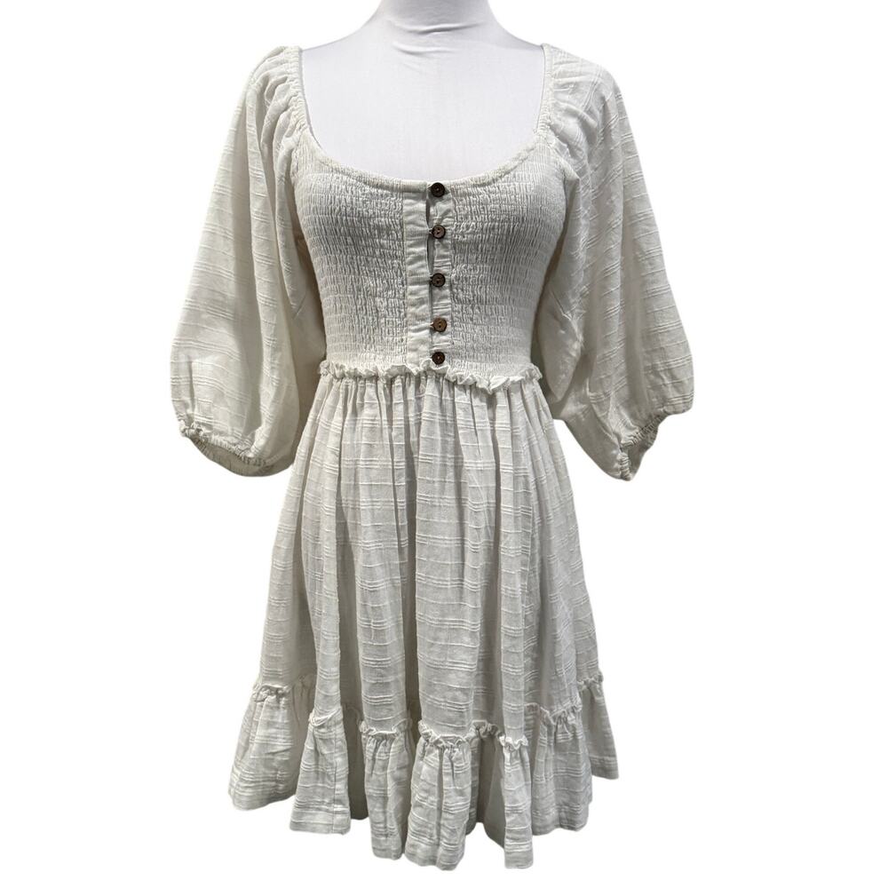 Free People White Picnic Mini Dress Cotton Smocked Puff Sleeve Coquette Cottage - Picture 2 of 9